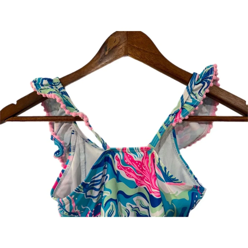 Tommy Bahama Swimsuit One Piece Kids Size 7 Blue Pink Tropical Ruffle Pom Pom EX